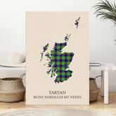 Clan Colville Tartan Scotland Map Canvas “Tartan Runs Through My Veins” Wall Art NE34